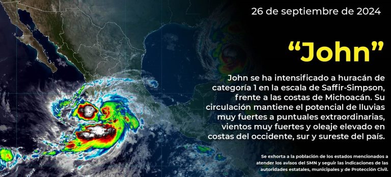 Toca tierra el huracán «John» entre los municipios de Aquila, Michoacán, y Tecomán, Colima