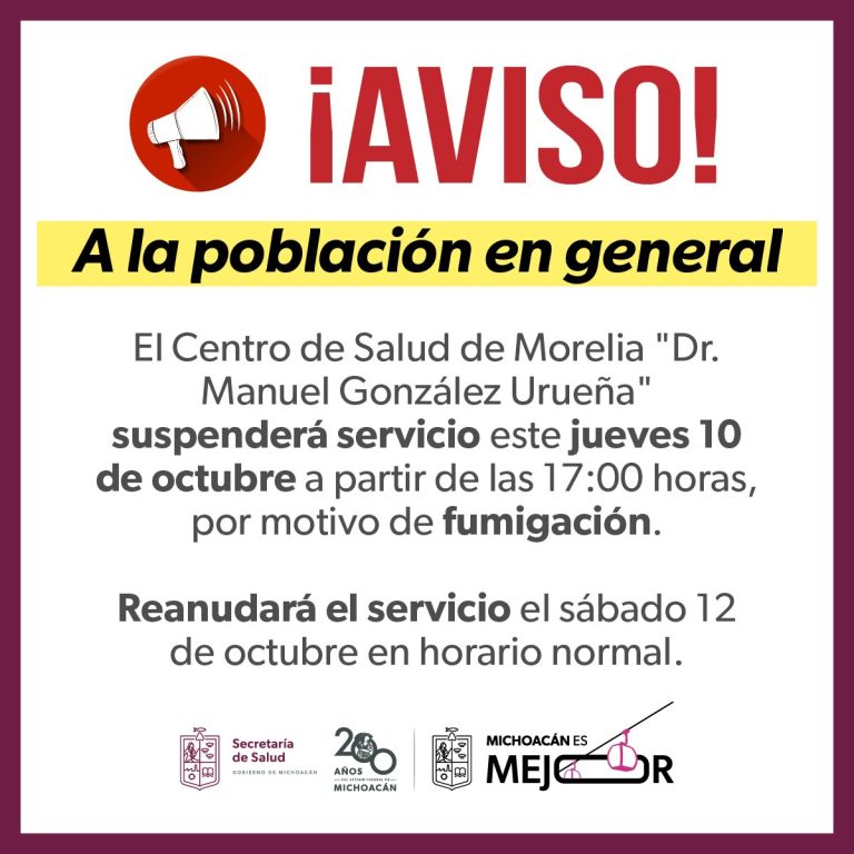 Este jueves Centro de Salud de Morelia suspenderá servicio a partir de las 5 pm
