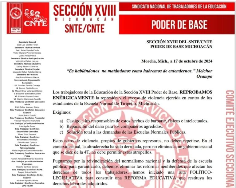 CNTE-Poder de Base exige a Bedolla «alto a la represión» contra normalistas