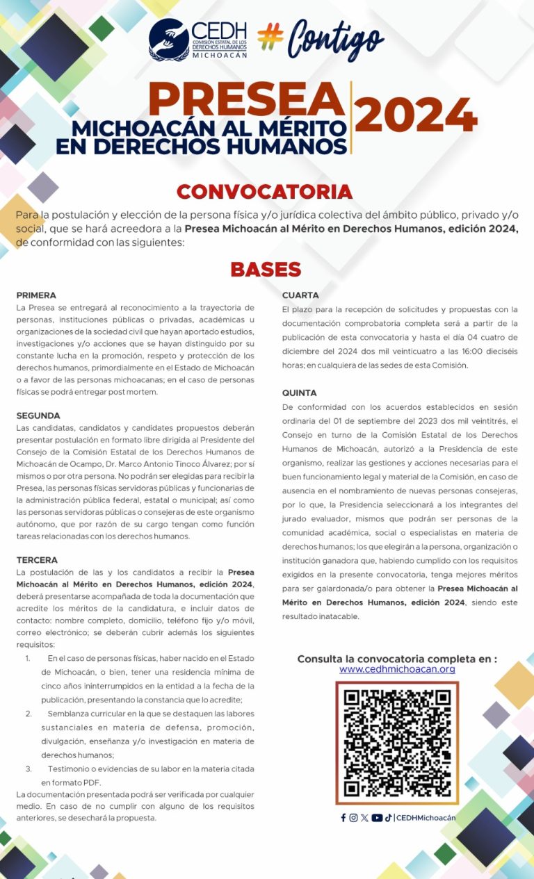 Convocan a la presea Michoacán al Mérito en Derechos Humanos 2024