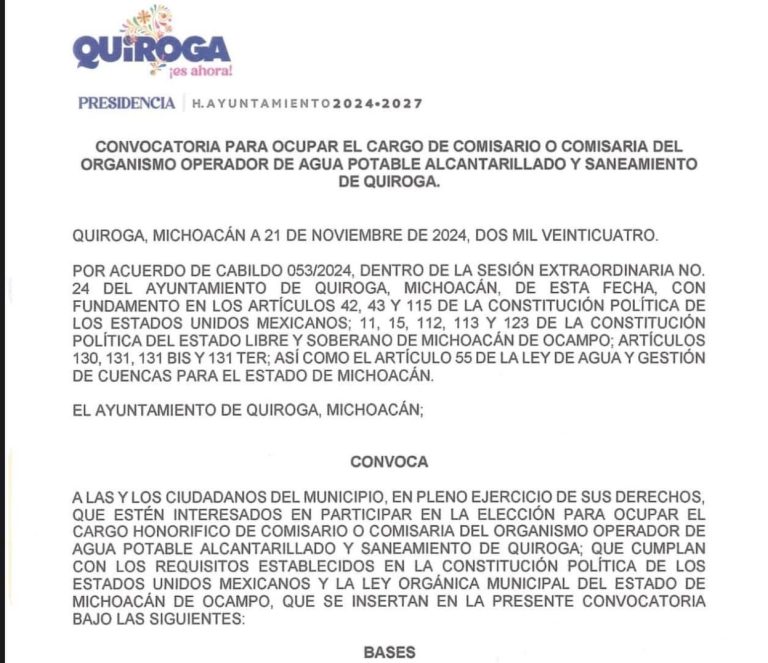 Emite Gobierno de Quiroga convocatoria para Comisario del Organismo Operador de Agua Potable