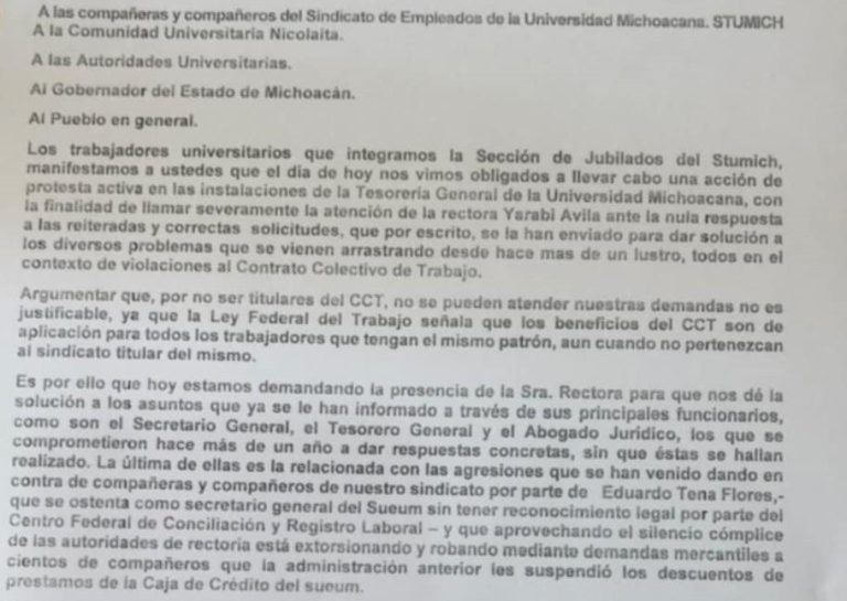 Exige STUMICH a rectoría cumpla con pagos a jubilados; CCT abarca a todos los empleados de UMSNH