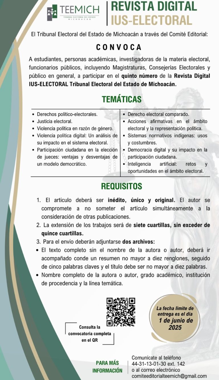 Invitan a participar en el quinto número de la Revista Digital IUS-ELECTORAL, del TEEM