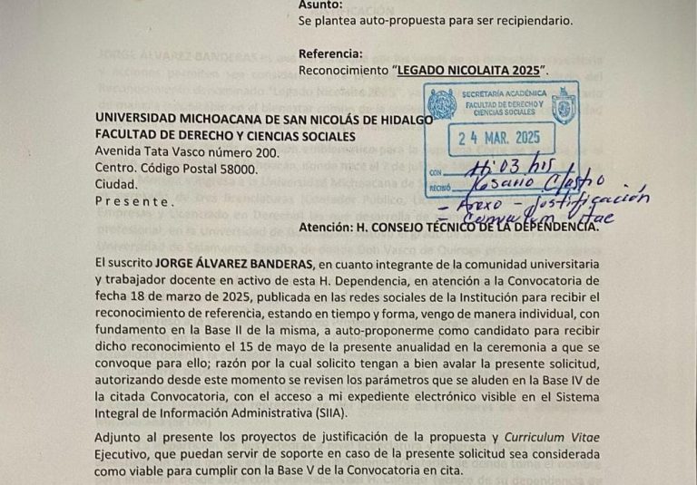 Se autopostula Jorge Álvarez Banderas para ser acreedor al Galardón «Legado Nicolaita»