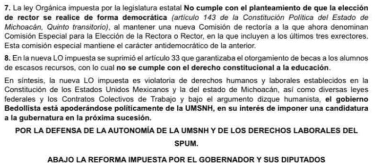 Bedolla busca imponer a Rectora en el 27: SPUM