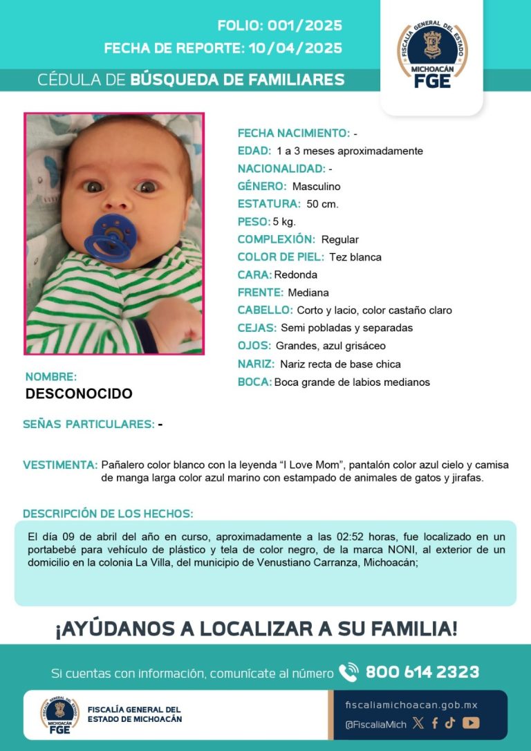 Fiscalía General solicita apoyo para localizar a los familiares de bebé encontrado en Venustiano Carranza