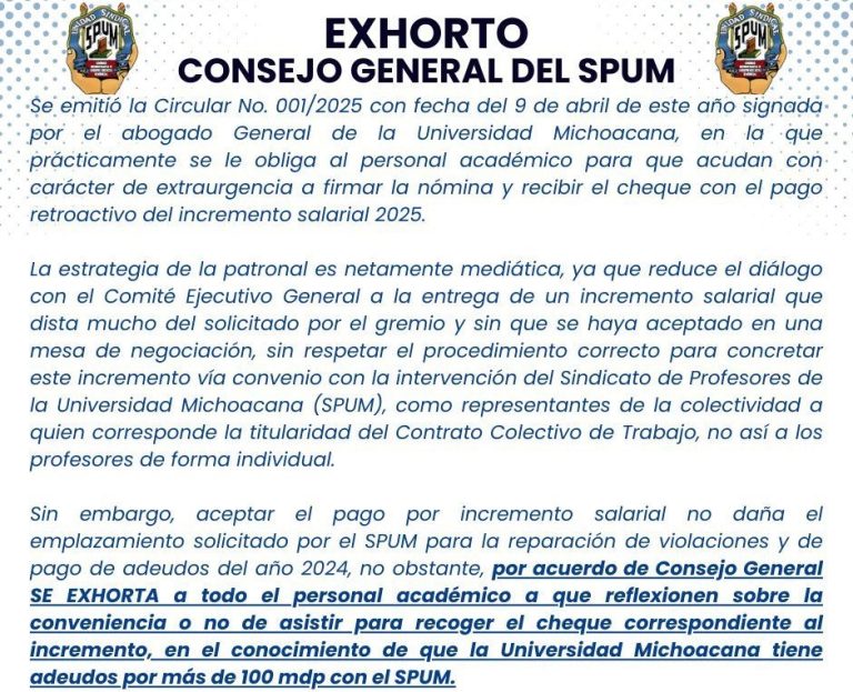 Profesores de UMSNH no habrían cobrado retroactivo, tras llamado de sindicato a no seguirle el juego a rectoría