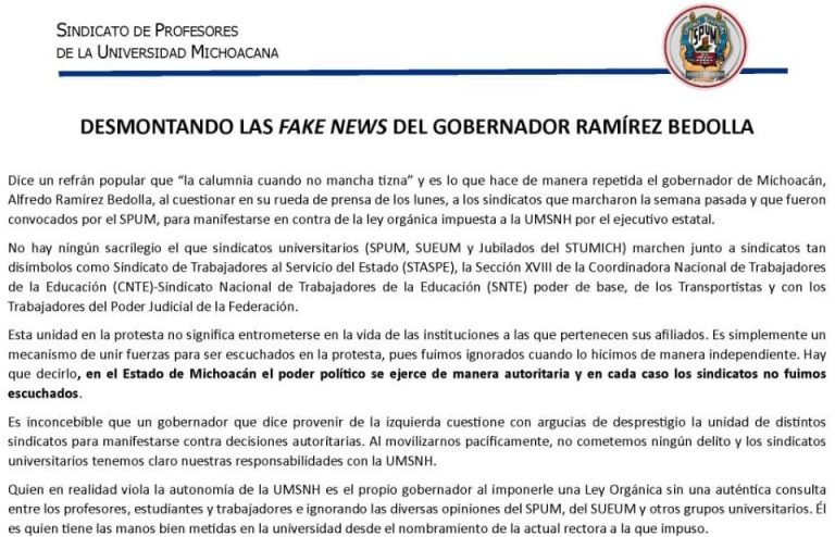 Revira SPUM acusaciones a Ramírez Bedolla y confirma participación en marcha masiva de sindicatos