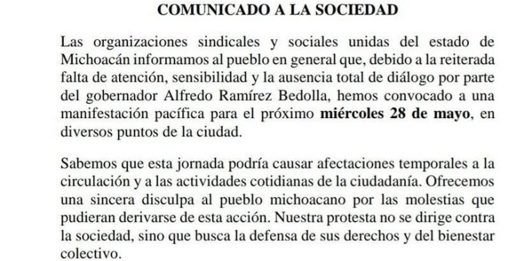 Lanzan sindicatos último llamado al gobierno estatal para evitar movilización masiva