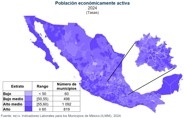 En el primer trimestre de 2024, la tasa de la población ocupada en los municipios osciló entre 89.4 y 100 por ciento