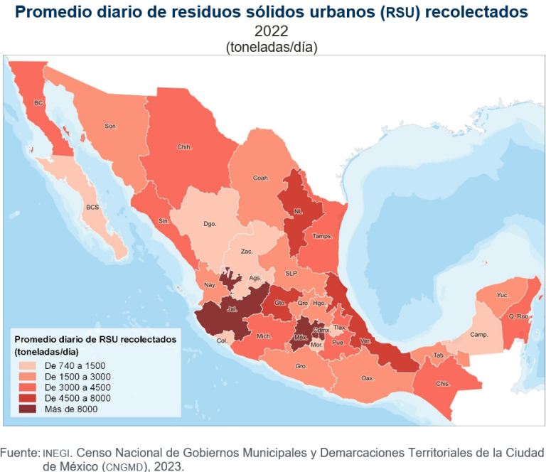En 2022, la cantidad promedio diaria de residuos sólidos urbanos recolectados en México fue de 108 mil 146 toneladas