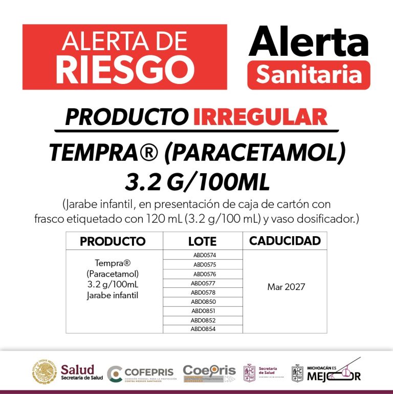 Autoridades emiten alerta sanitaria por comercialización ilegal de Tempra® Jarabe Infantil