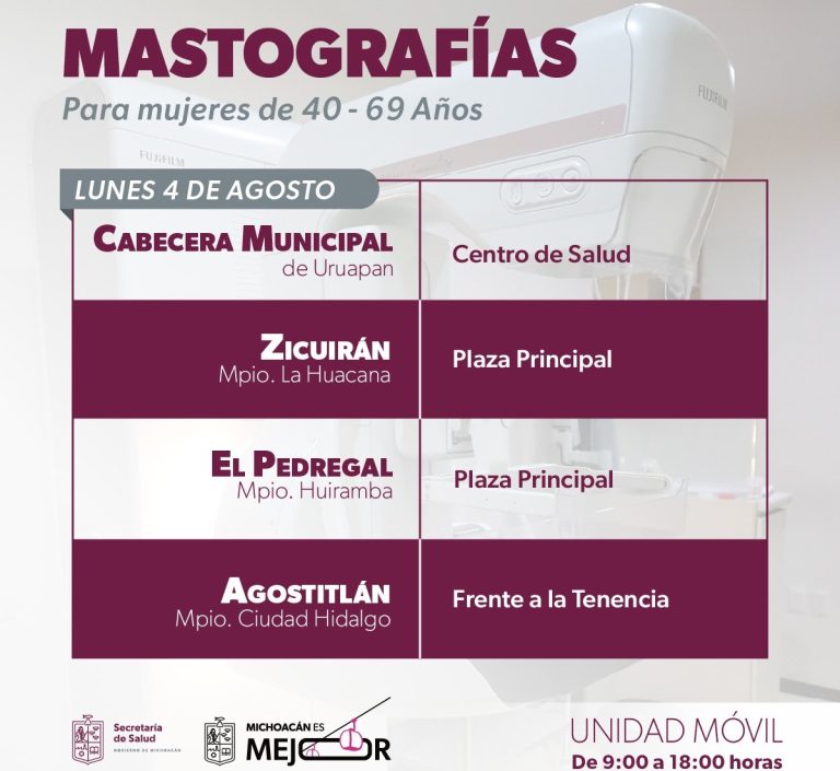Ofrecerán mastografías gratuitas en seis municipios, del 4 al 8 de agosto