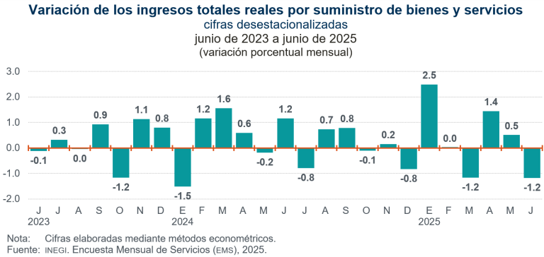 Ingresos por suministro de bienes y servicios de privados no financieros disminuyeron 1.2 % en junio