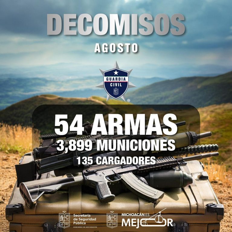 SSP decomisó 54 armas de fuego en Michoacán durante agosto