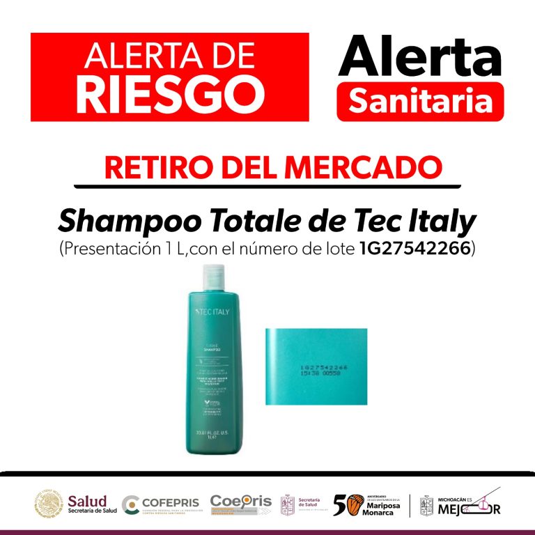 Alertan sobre retiro de lote contaminado de Shampoo Totale de Tec Italy