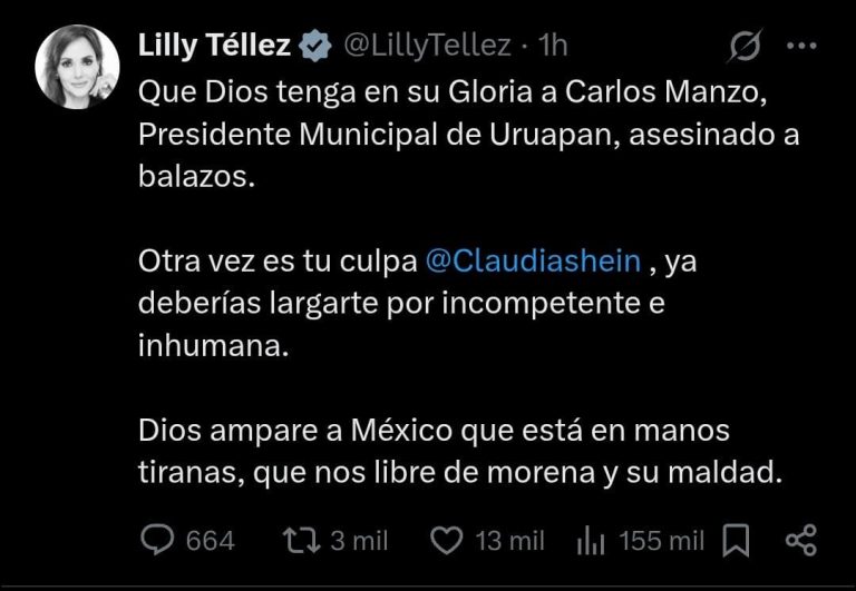 Condena senadora Lilly Téllez crimen de Carlos Manzo y culpa a Sheinbaum