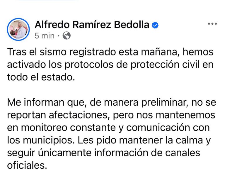 Se activan protocolos tras sismo, hasta ahora sin daños