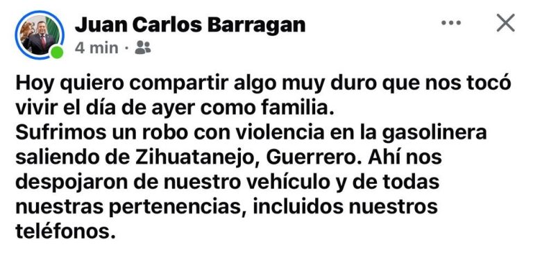 Sufre diputado Juan Carlos Barragán Veléz robo con violencia en el estado de Guerrero