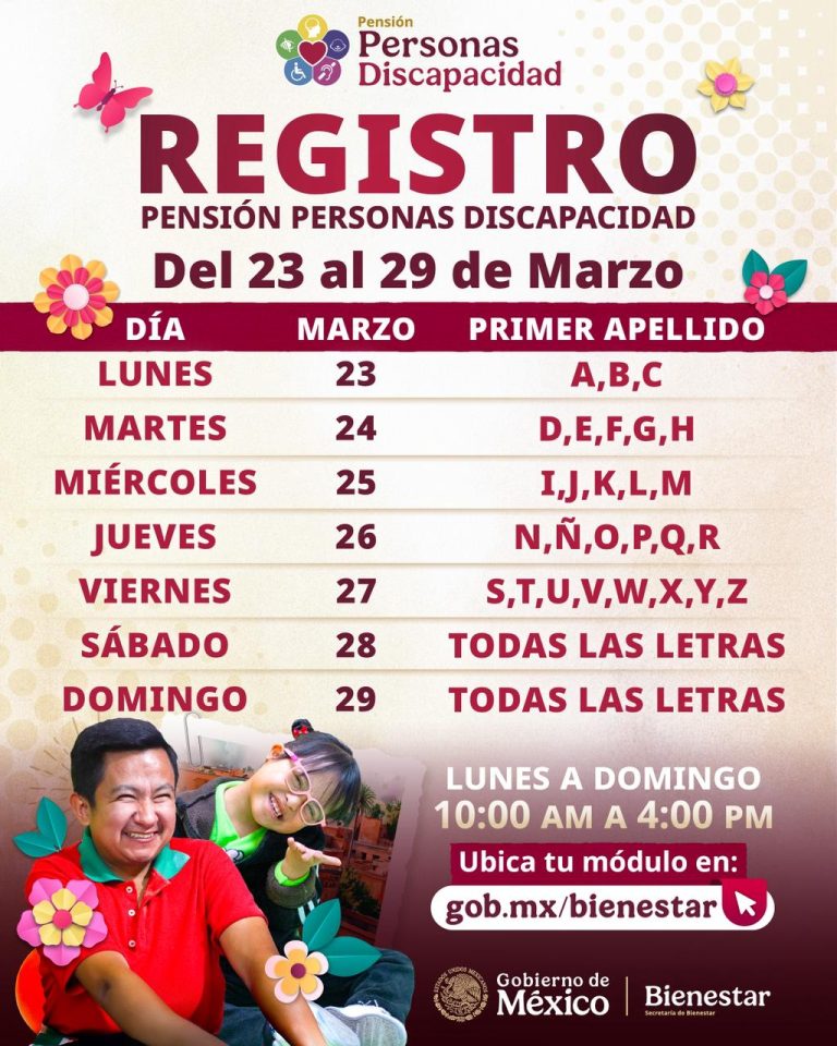 Del 23 al 29 de marzo, registro a la Pensión para Personas con Discapacidad