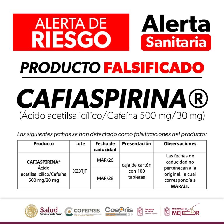 Alerta Cofepris por falsificación de Cafiaspirina®️; exhortan a la población a no consumirla