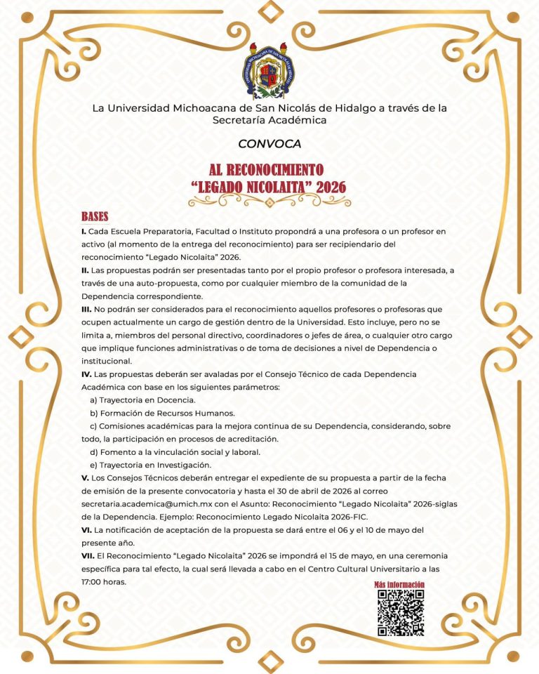 Entregarán por tercer año consecutivo el Reconocimiento “Legado Nicolaita”