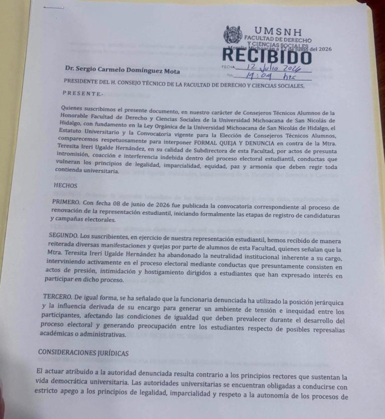Máximo Órgano de Gobierno de la Facultad de Derecho de la UMSNH destituye a subdirectora por intromisión en elecciones universitarias