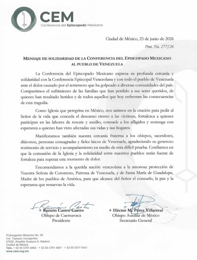 Envían obispos de México mensaje de solidaridad al pueblo de Venezuela y abren colecta de apoyo