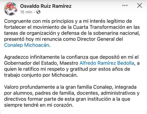 Renuncia director del CONALEP; apoyará a Fabiola Alanis 