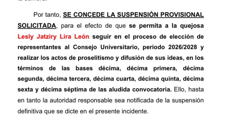 Juez Federal otorga amparo a candidata a consejera Universitaria