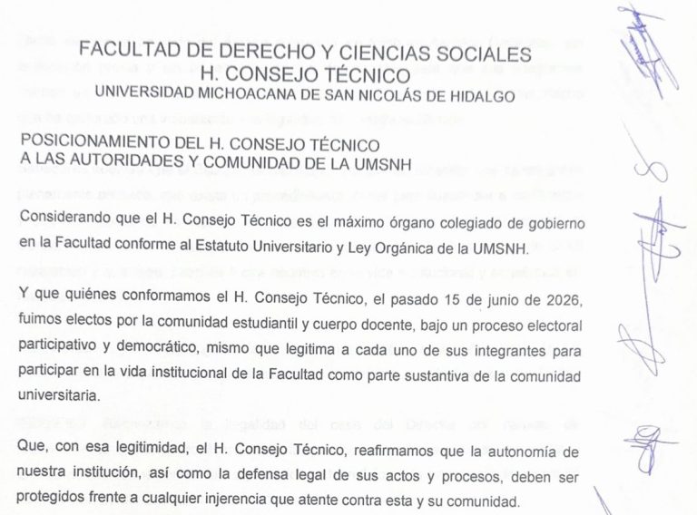 Consejo Técnico de Derecho de la UMSNH rechaza cese de su director y exige respeto a la autonomía universitaria