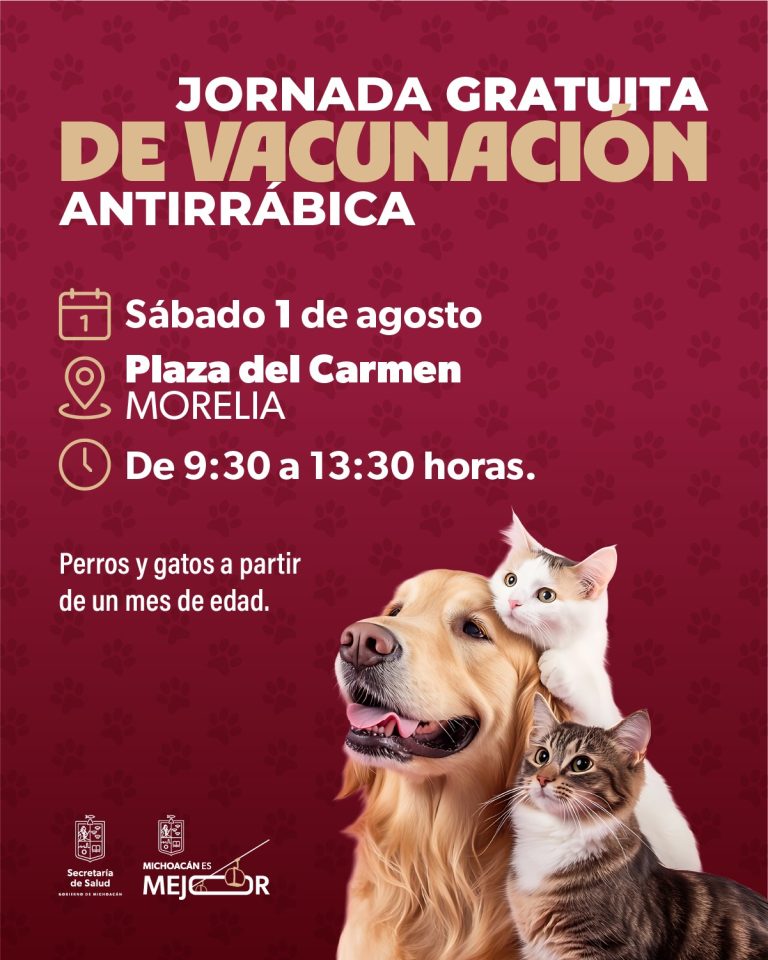 Vacunación antirrábica gratuita para perros y gatos en la Plaza del Carmen, Morelia