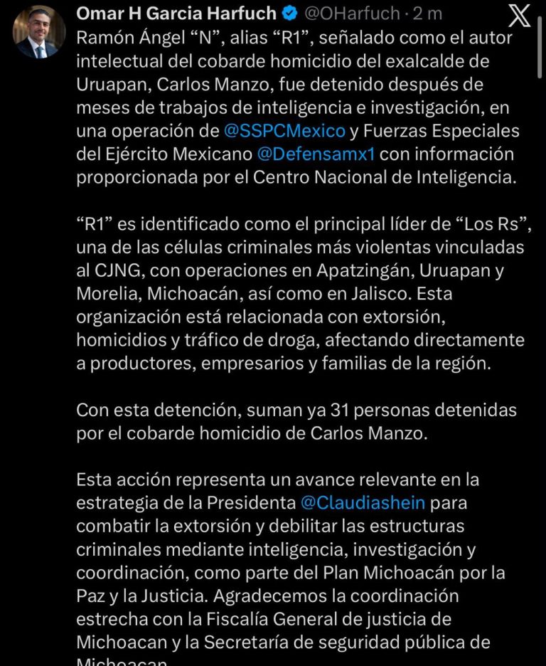 Detienen a «El R1», presunto autor intelectual del homicidio de Carlos Manzo; suman 31 capturados por el caso