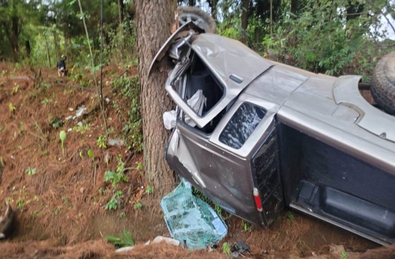 Camioneta vuelca y se proyecta contra un árbol, su conductor termina prensado