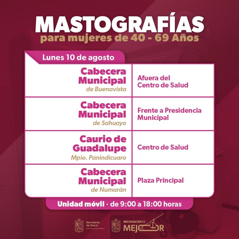 SSM llevará mastografías gratuitas a 9 municipios de Michoacán