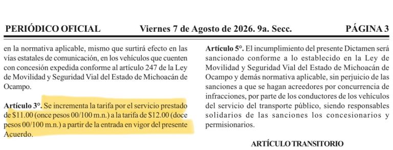 Transporte público en Michoacán sube a 12 pesos; entra en vigor este viernes
