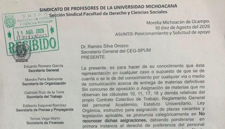 Echa abajo SPUM reparto ilegal de materias en Facultad de Derecho, viola cláusulas del CCT y la Ley Orgánica la UMSNH